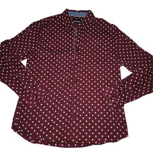 Aeropostale Womens Sz XL Long Sleeve Button Down Shirt Maroon With White Hearts